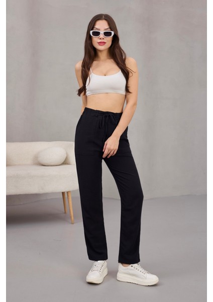 Kadın Yüksek Bel Keten Karışımlı Havuç Pantolon
