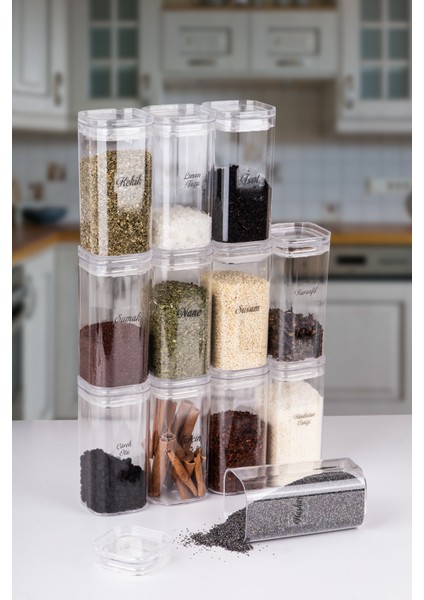 12'li Şeffaf 300 ml Akrilik Vakumlu Kapaklı Baharatlık 24 Adet Etiket Hediyeli