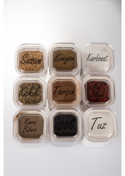 9'lu 200 ml Vakumlu Üstten Şeffaf Etiketli Mika Baharatlık Seti Saklama Kabı