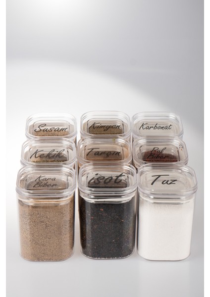 9'lu 200 ml Vakumlu Üstten Şeffaf Etiketli Mika Baharatlık Seti Saklama Kabı modelleri