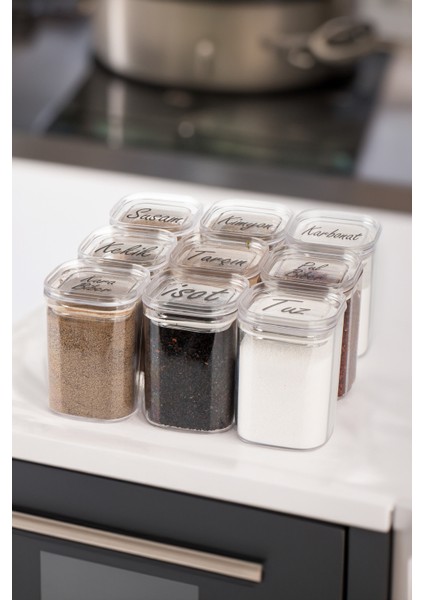 9'lu 200 ml Vakumlu Üstten Şeffaf Etiketli Mika Baharatlık Seti Saklama Kabı fırsatları
