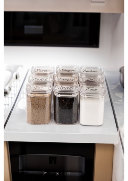 9'lu 200 ml Vakumlu Üstten Şeffaf Etiketli Mika Baharatlık Seti Saklama Kabı indirimleri