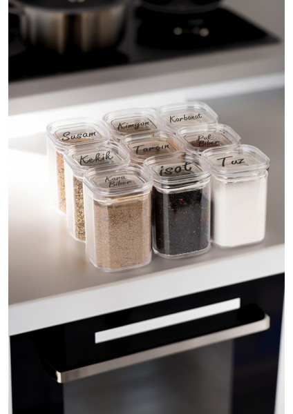 9'lu 200 ml Vakumlu Üstten Şeffaf Etiketli Mika Baharatlık Seti Saklama Kabı