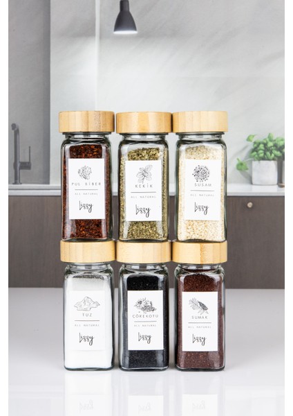 Bambu Kapaklı Kare Cam Baharatlık Seti 12 Adet - Etiket Hediyeli modelleri
