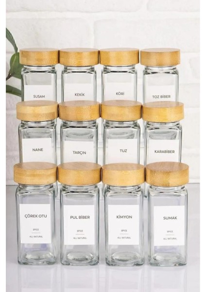 Bambu Kapaklı Kare Cam Baharatlık Seti 12 Adet - Etiket Hediyeli