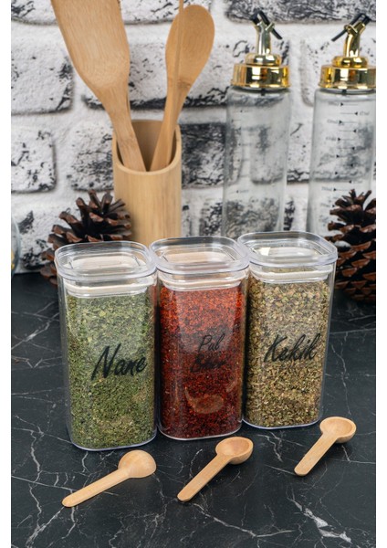 3'lü 300 ml Vakumlu Şeffaf Etiketli Mika Baharatlık Seti Saklama Kabı