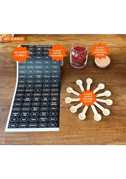 6’ Lı Ahşap Vakumlu Bambu Kapaklı Kaşıklı Lüks Baharatlık Takımı 300 ml Cam modelleri