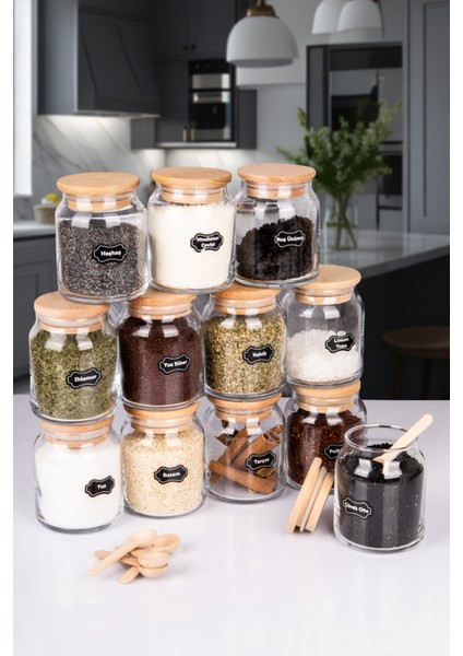 12 Adet Doğal Ahşap Akasya Vakumlu Kapaklı Cam Baharatlık Etiket ve Kaşık Hediyeli 300 ml