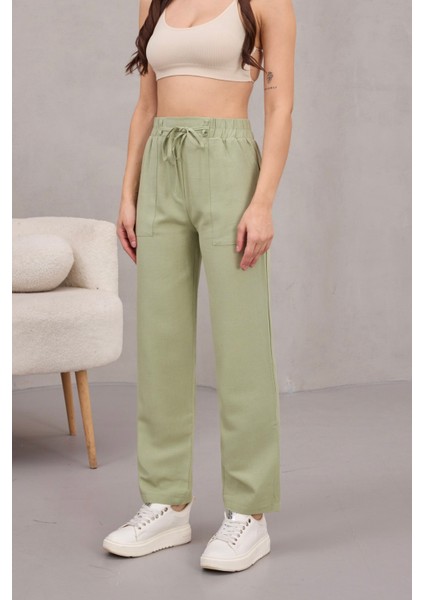 Kadın Yüksek Bel Keten Karışımlı Havuç Pantolon