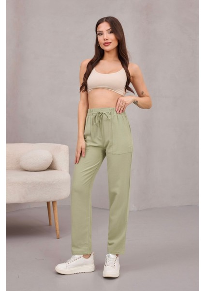 Kadın Yüksek Bel Keten Karışımlı Havuç Pantolon fırsatları