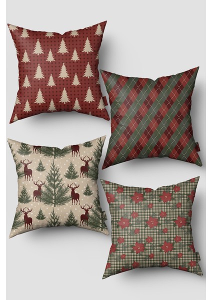 Bordo Yeşil Çam Ağacı ve Poinsettia Çiçeği Yılbaşı 4'lü Kırlent Kılıfı Seti