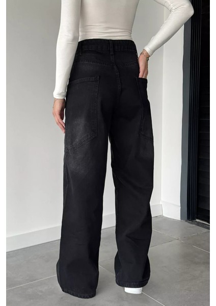 Kadın Yüksek Bel Kargo Cepli Bol Kesim Jean Kot Pantolon P-00018868 fırsatları