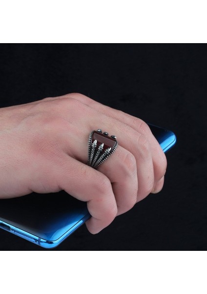 Pençe Model Akik Taşlı 925 Ayar Erkek Gümüş Yüzük