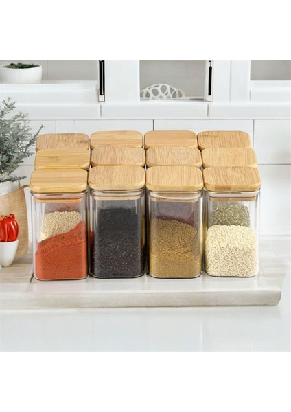12 Adet Kare Ahşap Vakumlu Kapaklı Akrilik Baharatlık Seti 300 ml Etiket+Kaşık Hediyeli