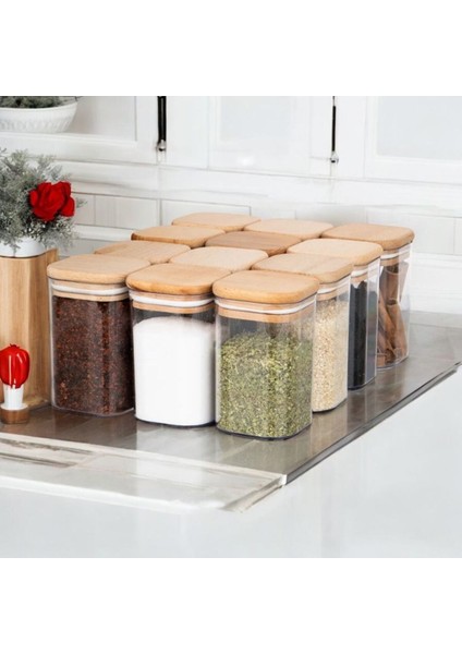 12 Adet Kare Ahşap Vakumlu Kapaklı Akrilik Baharatlık Seti 300 ml Etiket+Kaşık Hediyeli fiyatları