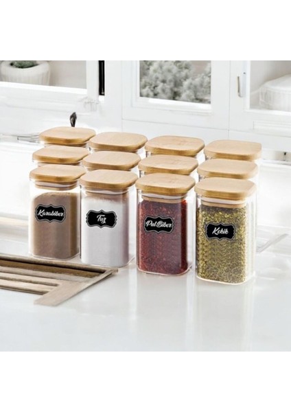 12 Adet Kare Ahşap Vakumlu Kapaklı Akrilik Baharatlık Seti 300 ml Etiket+Kaşık Hediyeli modelleri