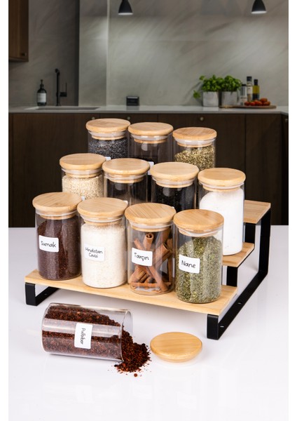 13 Parça Etiketli Vakumlu Bambu Kapaklı Bambu Merdiven Stantlı 3 Boy Borosilikat Cam Baharatlık