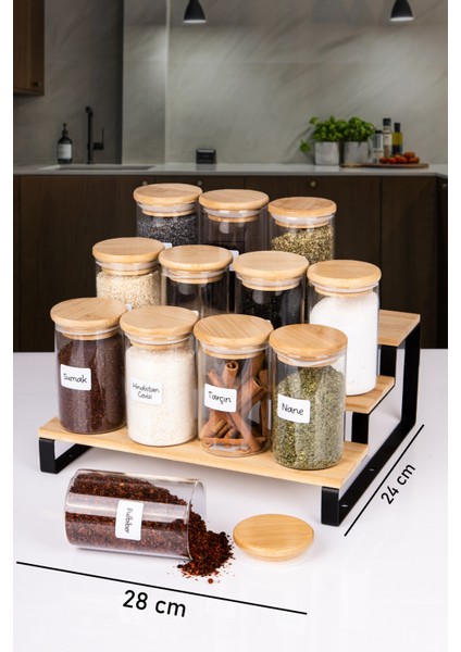 13 Parça Etiketli Vakumlu Bambu Kapaklı Bambu Merdiven Stantlı 3 Boy Borosilikat Cam Baharatlık fiyatları