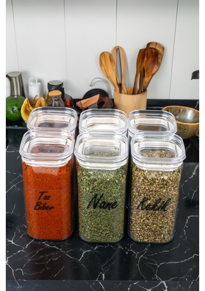 6'lı 300 ml Vakumlu Şeffaf Etiketli Mika Baharatlık Seti Saklama Kabı