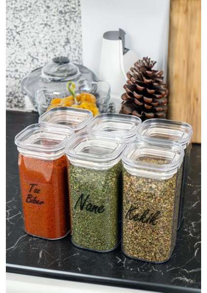6'lı 300 ml Vakumlu Şeffaf Etiketli Mika Baharatlık Seti Saklama Kabı modelleri