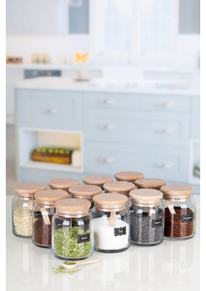Etiketli, Bambu Ahşap Vakumlu Kapaklı ve Kaşıklı 12'li Baharat Takımı 300 ml Cam fiyatları