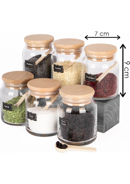 Etiketli, Bambu Ahşap Vakumlu Kapaklı ve Kaşıklı 12'li Baharat Takımı 300 ml Cam modelleri
