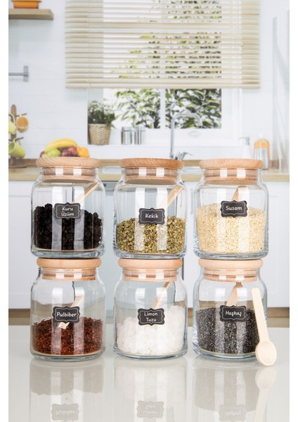 Etiketli, Bambu Ahşap Vakumlu Kapaklı ve Kaşıklı 12'li Baharat Takımı 300 ml Cam fırsatları