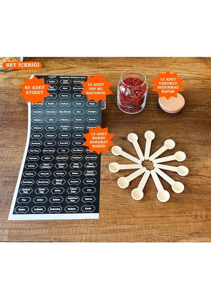 Etiketli, Bambu Ahşap Vakumlu Kapaklı ve Kaşıklı 12'li Baharat Takımı 300 ml Cam