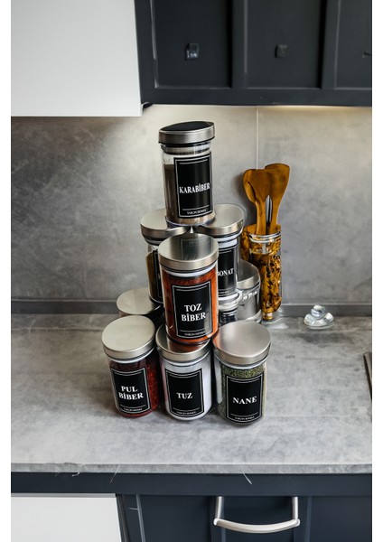 12'li 200 ml Metal Kapaklı Vakumlu Etiketli Mika Baharatlık Seti Saklama Kabı indirimleri