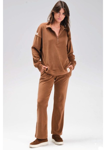 Kadın Uzun Kol Yarım Fermuarlı Ispanyol Paça Kahverengi Polar Eşofman Takım C4T2N1