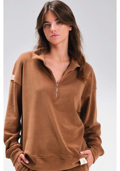 Kadın Uzun Kol Yarım Fermuarlı Ispanyol Paça Kahverengi Polar Eşofman Takım C4T2N1 fiyatları