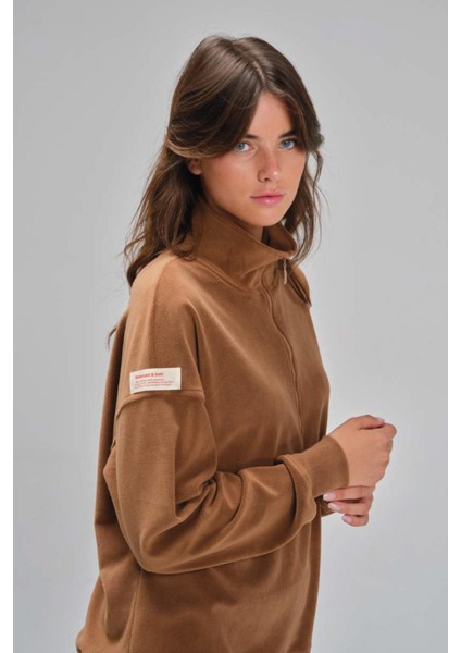 Kadın Uzun Kol Yarım Fermuarlı Ispanyol Paça Kahverengi Polar Eşofman Takım C4T2N1 modelleri