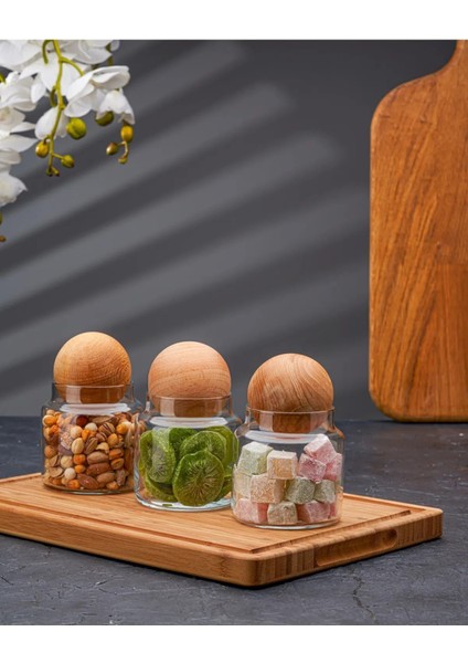3'lü Mantar Top Kapaklı Cam Kavanoz Seti Baharatlık Takımı Kaşık ve Etiket Hediyeli 300 ml