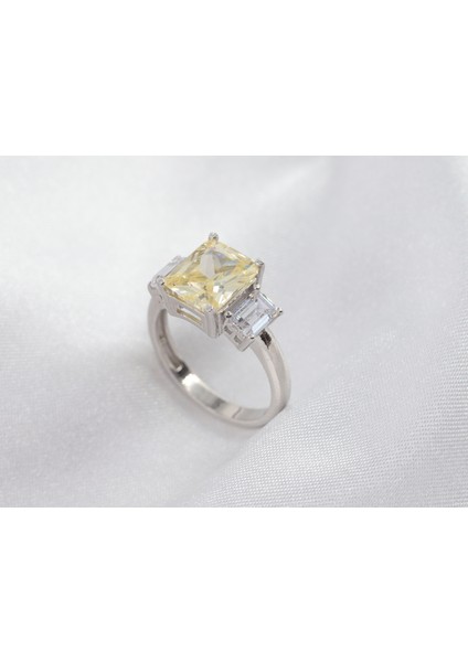 Baget Taşlı Gümüş Yüzük, Zümrüt Kesim Sarı Gümüş Yüzük