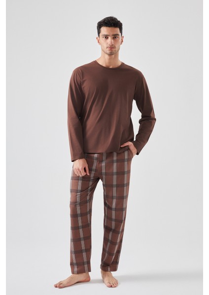 Erkek Pamuklu Uzun Kollu Ekose Desenli Pijama Takımı