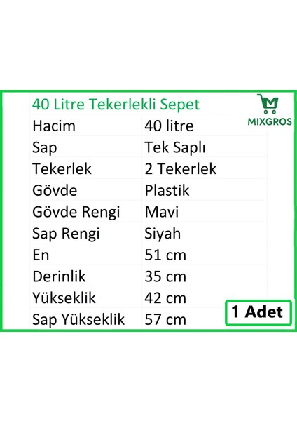 Tekerlekli Plastik Market Alışveriş El Sepeti 40 Litre Mavi 1 Adet modelleri