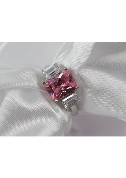 Baget Taşlı Gümüş Yüzük, Pembe Gümüş Yüzük, Pembe Kuvars Yüzük