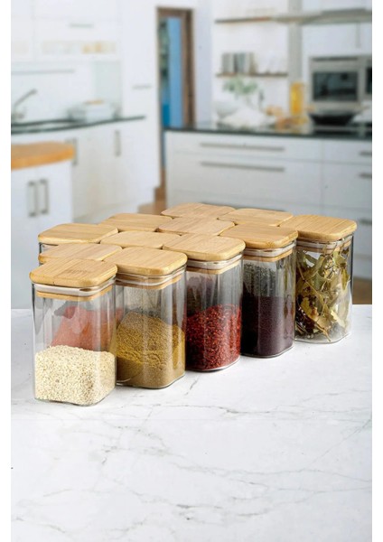 12 Li Kare Ahşap Vakumlu Kapaklı Akrilik Şeffaf Baharatlık Seti 300 ml Etiket Hediyeli modelleri