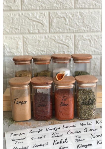 8'li 250 ml Ahşap Kapaklı Vakumlu Etiketli Akrilik Mika Baharatlık Takımı