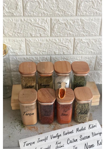 8'li 250 ml Ahşap Kapaklı Vakumlu Etiketli Akrilik Mika Baharatlık Takımı fiyatları