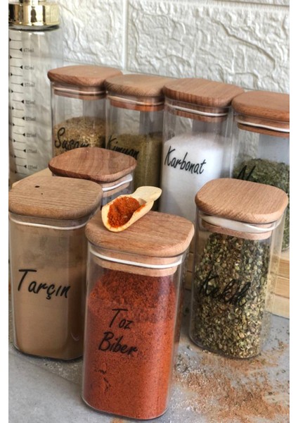 8'li 250 ml Ahşap Kapaklı Vakumlu Etiketli Akrilik Mika Baharatlık Takımı modelleri