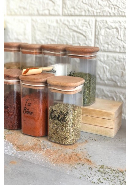 8'li 250 ml Ahşap Kapaklı Vakumlu Etiketli Akrilik Mika Baharatlık Takımı fırsatları