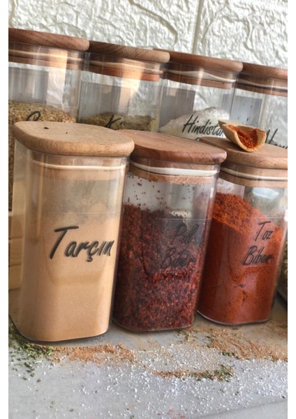 8'li 250 ml Ahşap Kapaklı Vakumlu Etiketli Akrilik Mika Baharatlık Takımı indirimleri