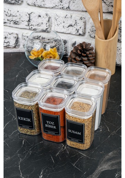 9'lu 250 ml Vakumlu Sızdırmaz Etiketli Akrilik Baharatlık Seti Saklama Kabı