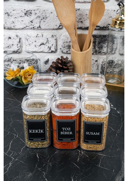 9'lu 250 ml Vakumlu Sızdırmaz Etiketli Akrilik Baharatlık Seti Saklama Kabı modelleri
