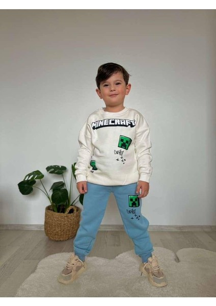 Minecraft Erkek Çocuk 3 Iplik Şardonlu Alt Üst Takım Süper Kalite Kumaş Sırt Baskı Detay