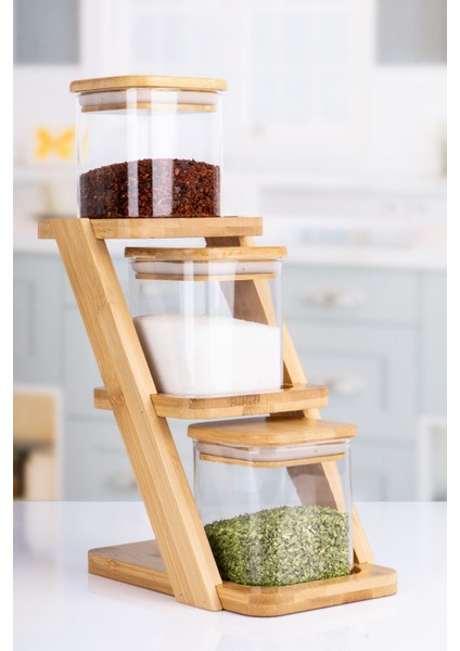 3 Katlı Merdiven Stantlı 3'lü Borosilikat Kare Cam Baharatlık 350 ml modelleri