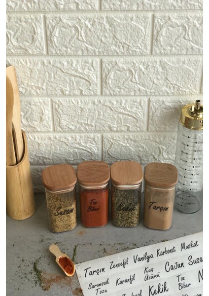 4'lü 250 ml Ahşap Kapaklı Vakumlu Şeffaf Etiketli Akrilik Mika Baharatlık Takımı
