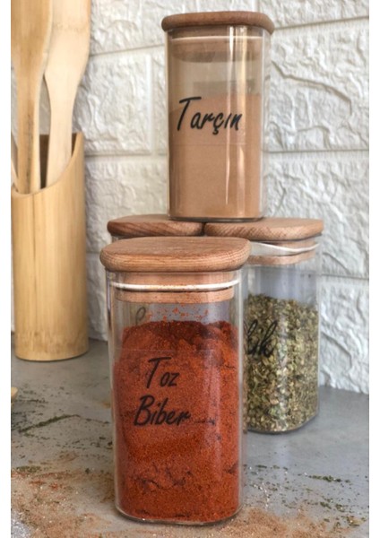 4'lü 250 ml Ahşap Kapaklı Vakumlu Şeffaf Etiketli Akrilik Mika Baharatlık Takımı modelleri