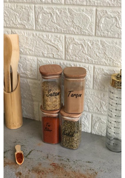 4'lü 250 ml Ahşap Kapaklı Vakumlu Şeffaf Etiketli Akrilik Mika Baharatlık Takımı